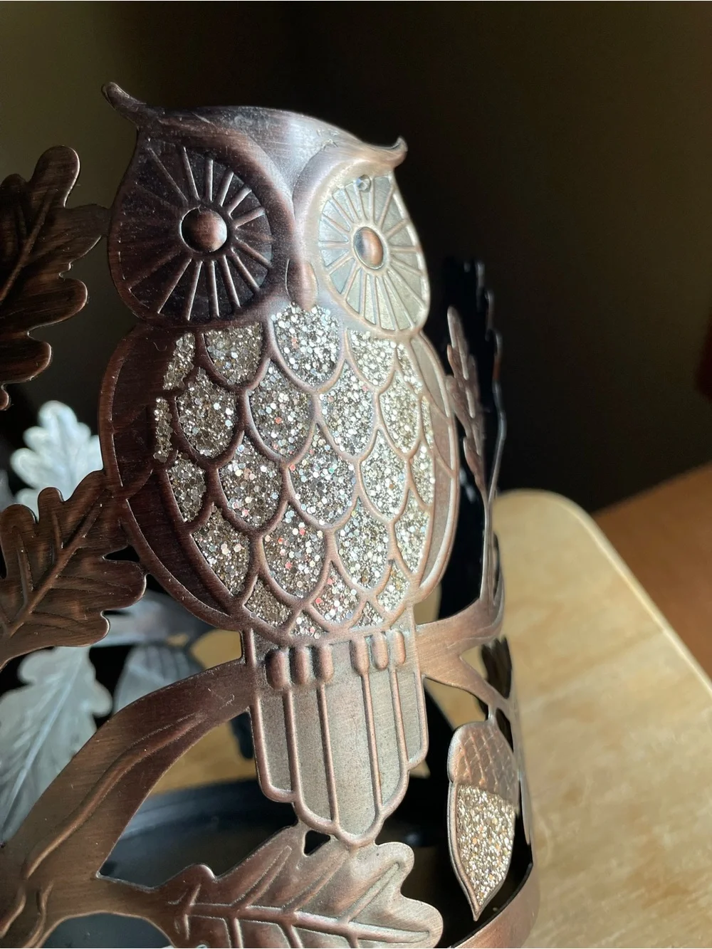 BATH & BODY WORKS Sparkly Owl Acorns Leaves 3 Wick Candle Holder Sleeve - Picture 2 of 8
